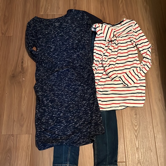 Maternity Bundle- Jeans, long sleeve striped shirt and 3/4 sleeve dress. - Picture 1 of 7